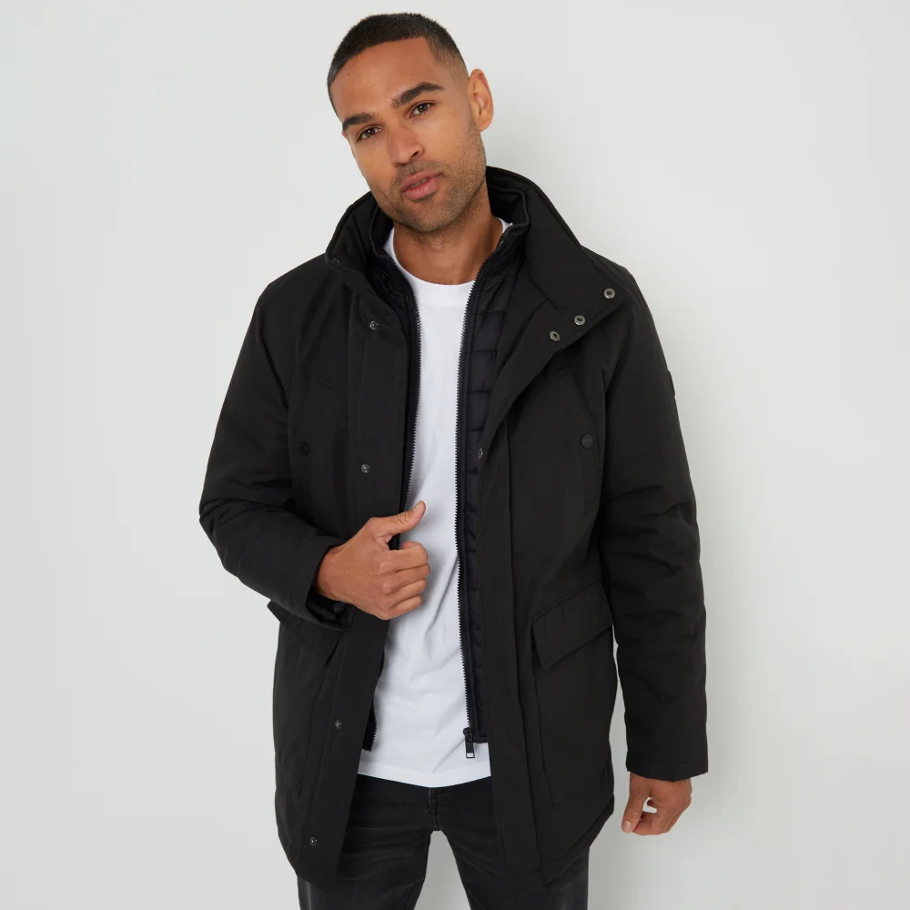 Threadbare Black Showerproof Funnel Neck Mock Layer Coat - S Image 4