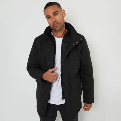 Threadbare Black Showerproof Funnel Neck Mock Layer Coat - S Image 4