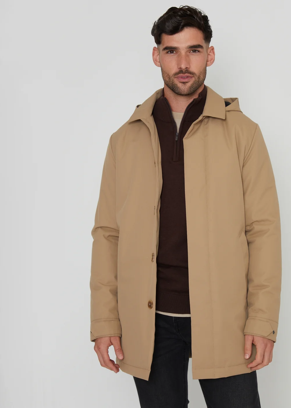 Threadbare Stone Croy Showerproof 2-in-1 Mac Coat with Concealed Hood - S Image 1