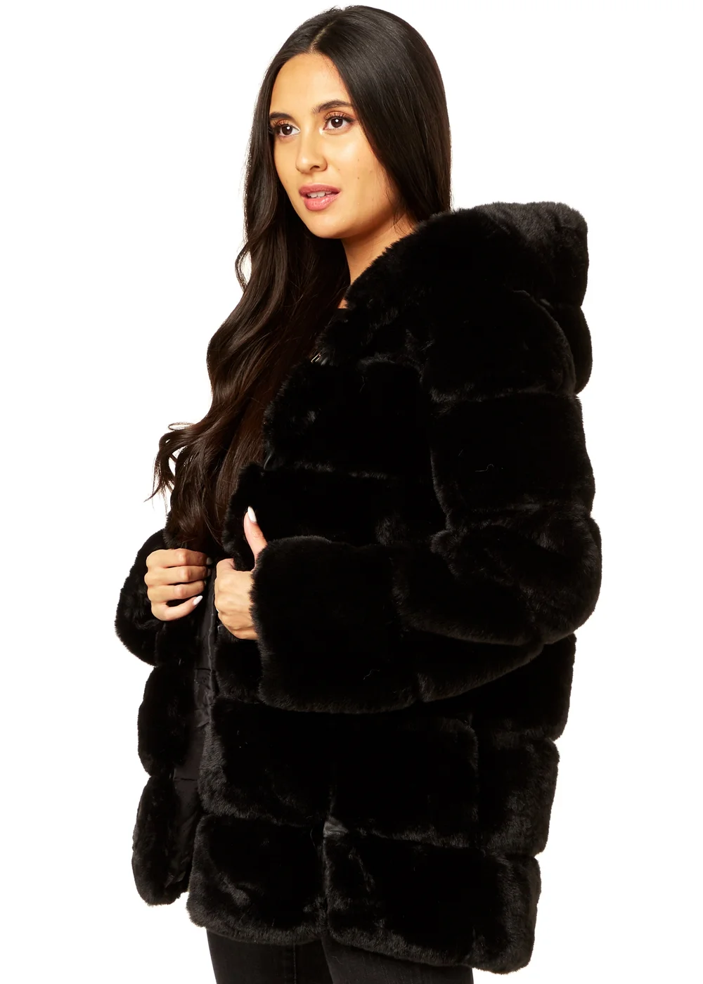 Gini London Black Horizontal Cut Fur Hooded Jacket - L/XL Image 4