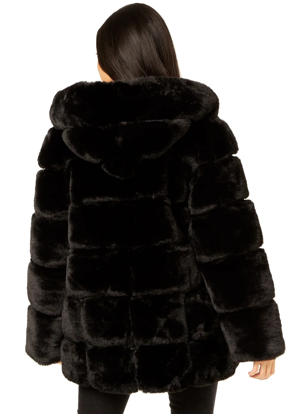 Gini London Black Horizontal Cut Fur Hooded Jacket - L/XL Image 2