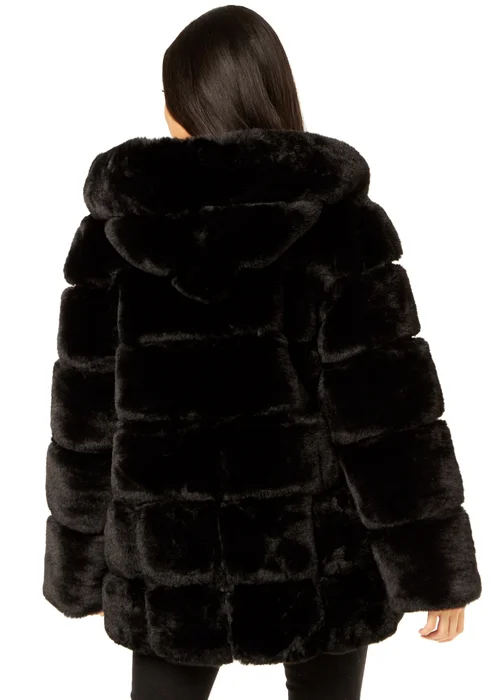 Gini London Black Horizontal Cut Fur Hooded Jacket - L/XL Image 2