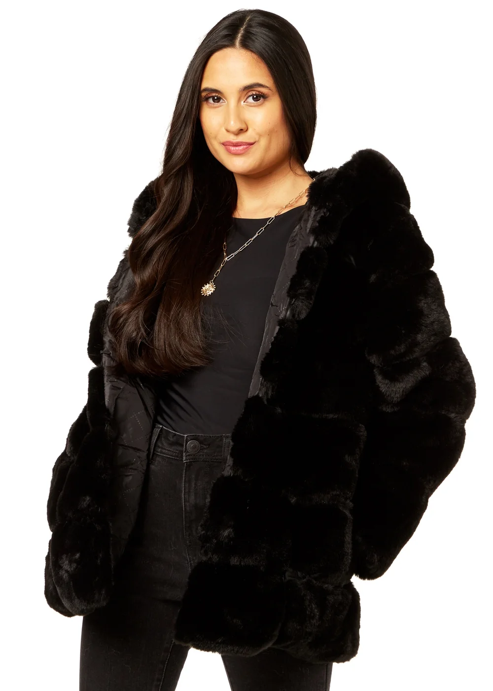 Gini London Black Horizontal Cut Fur Hooded Jacket - L/XL Image 1