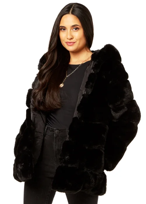 Gini London Black Horizontal Cut Fur Hooded Jacket - L/XL Image 1