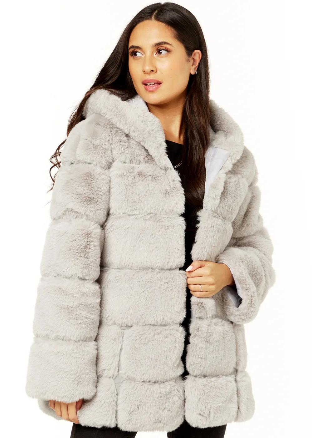 Gini London Silver Horizontal Cut Fur Hooded Jacket - S/M Image 4