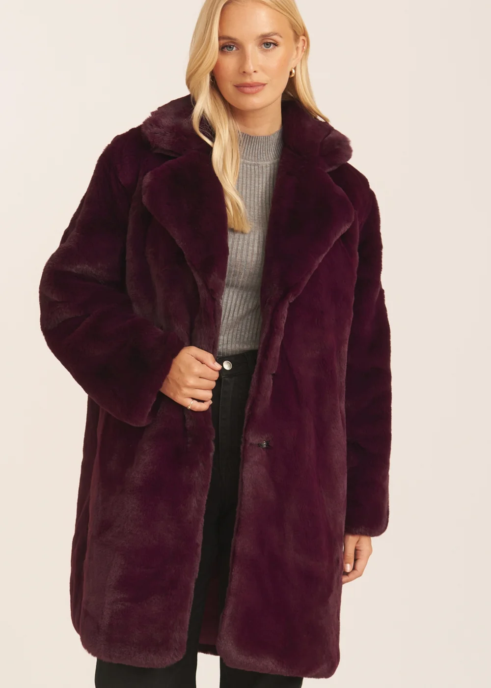 Gini London Plum Faux Fur Lapel Collar Coat - Small/Medium Image 3