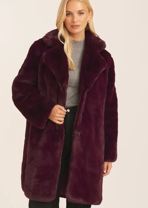 Gini London Plum Faux Fur Lapel Collar Coat - Small/Medium Image 3