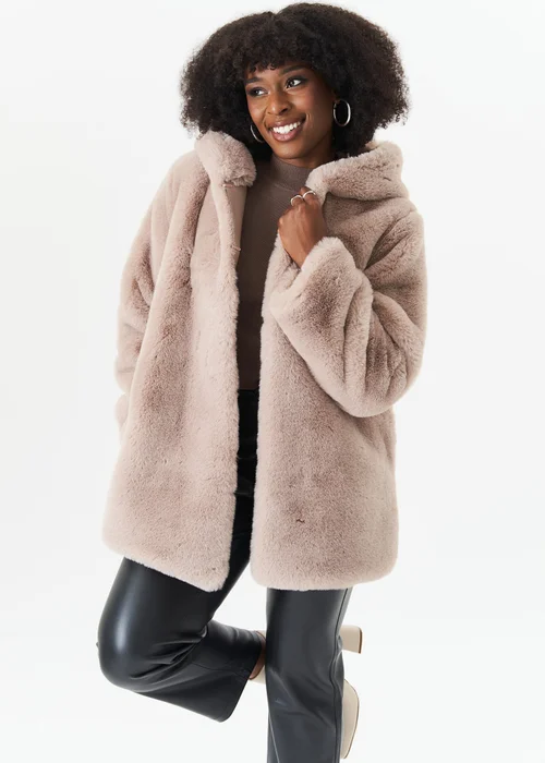Gini London Beige Hooded Long Sleeve Faux Fur Jacket - Small/Medium Image 4