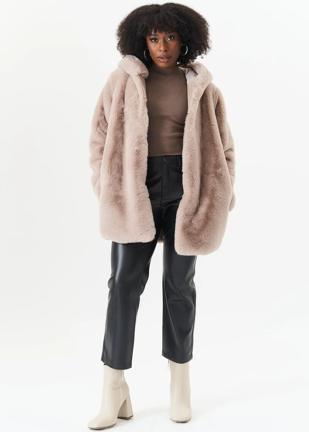Gini London Beige Hooded Long Sleeve Faux Fur Jacket - Small/Medium Image 1