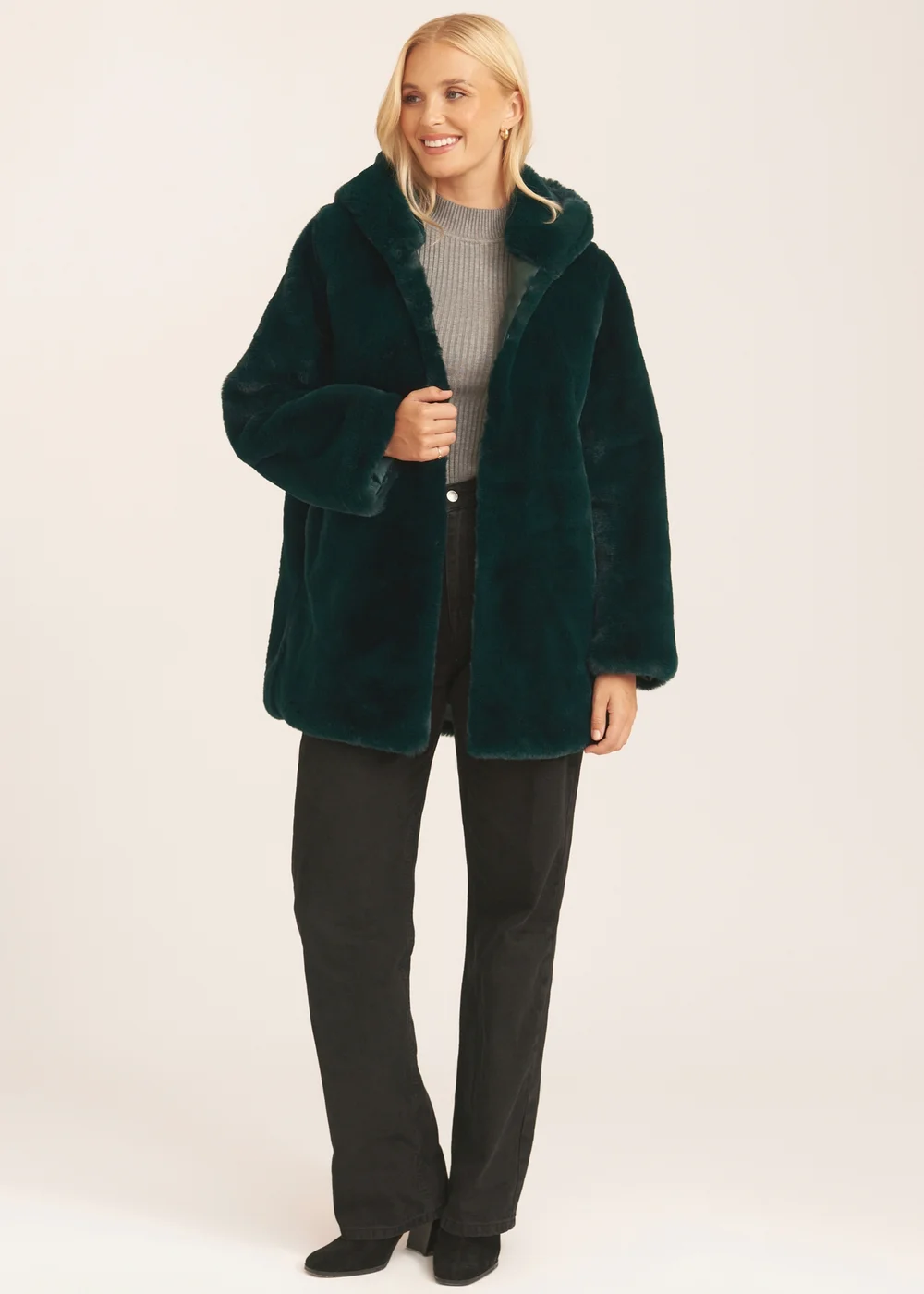 Gini London Emerald Green Hooded Long Sleeve Faux Fur Jacket - Medium/Large Image 1