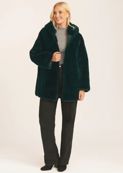 Gini London Emerald Green Hooded Long Sleeve Faux Fur Jacket - Medium/Large Image 1