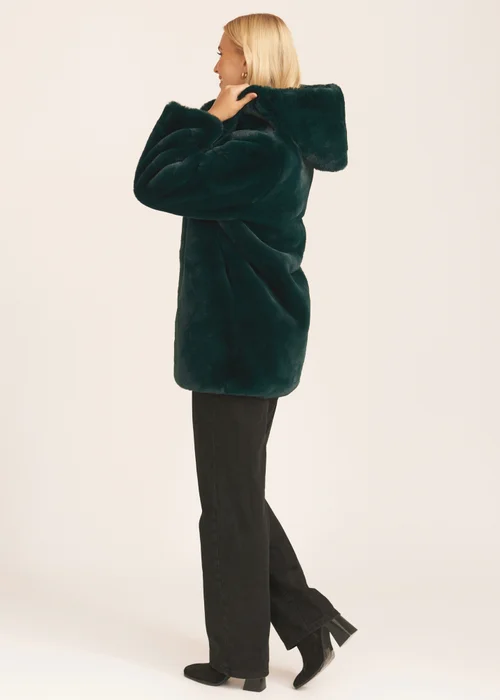 Gini London Emerald Green Hooded Long Sleeve Faux Fur Jacket - Medium/Large Image 4