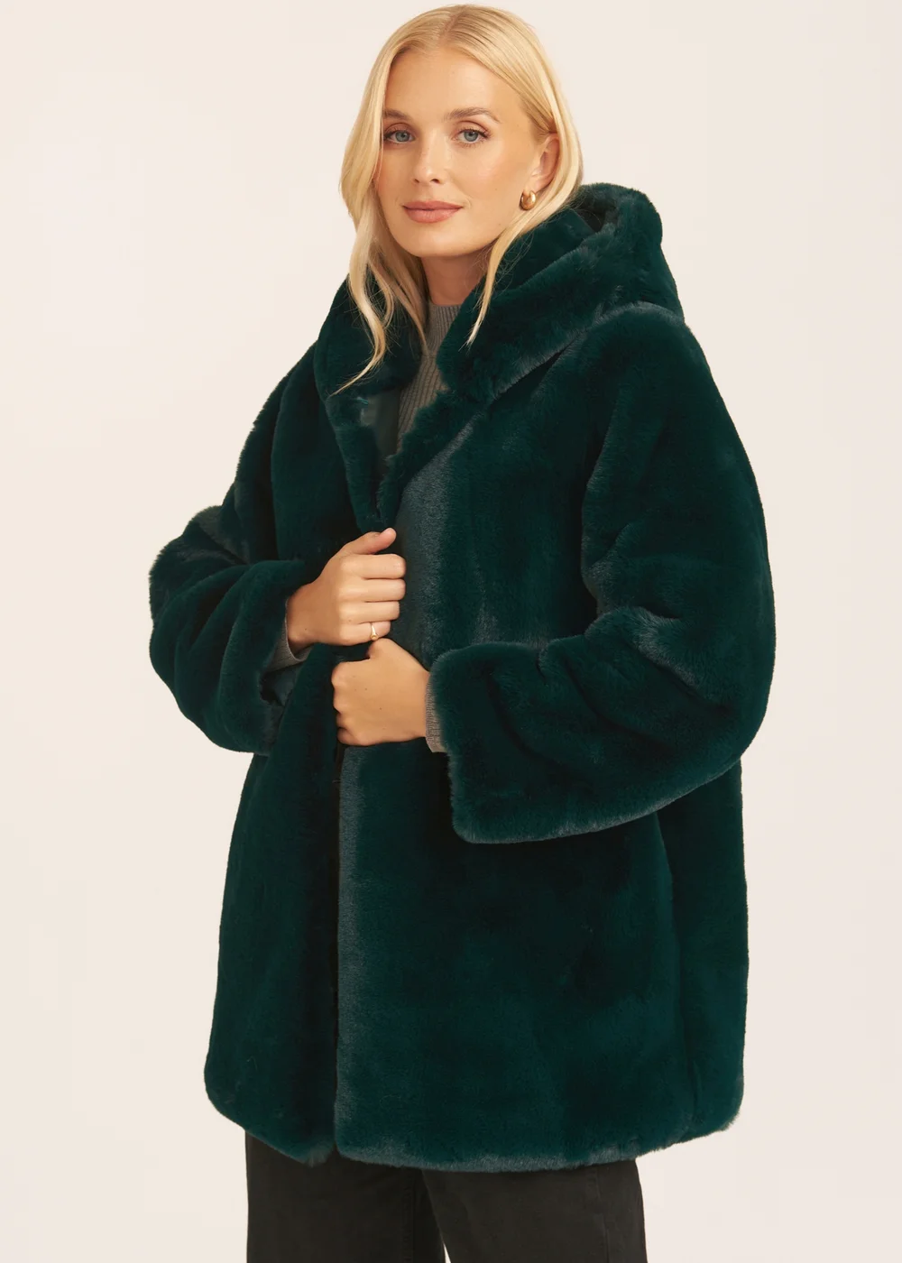 Gini London Emerald Green Hooded Long Sleeve Faux Fur Jacket - Medium/Large Image 3