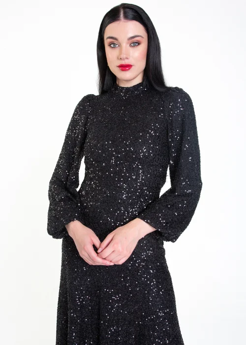 Gini London Black Sequin High Neck Occassion Midi Dress - Size 8 Image 3