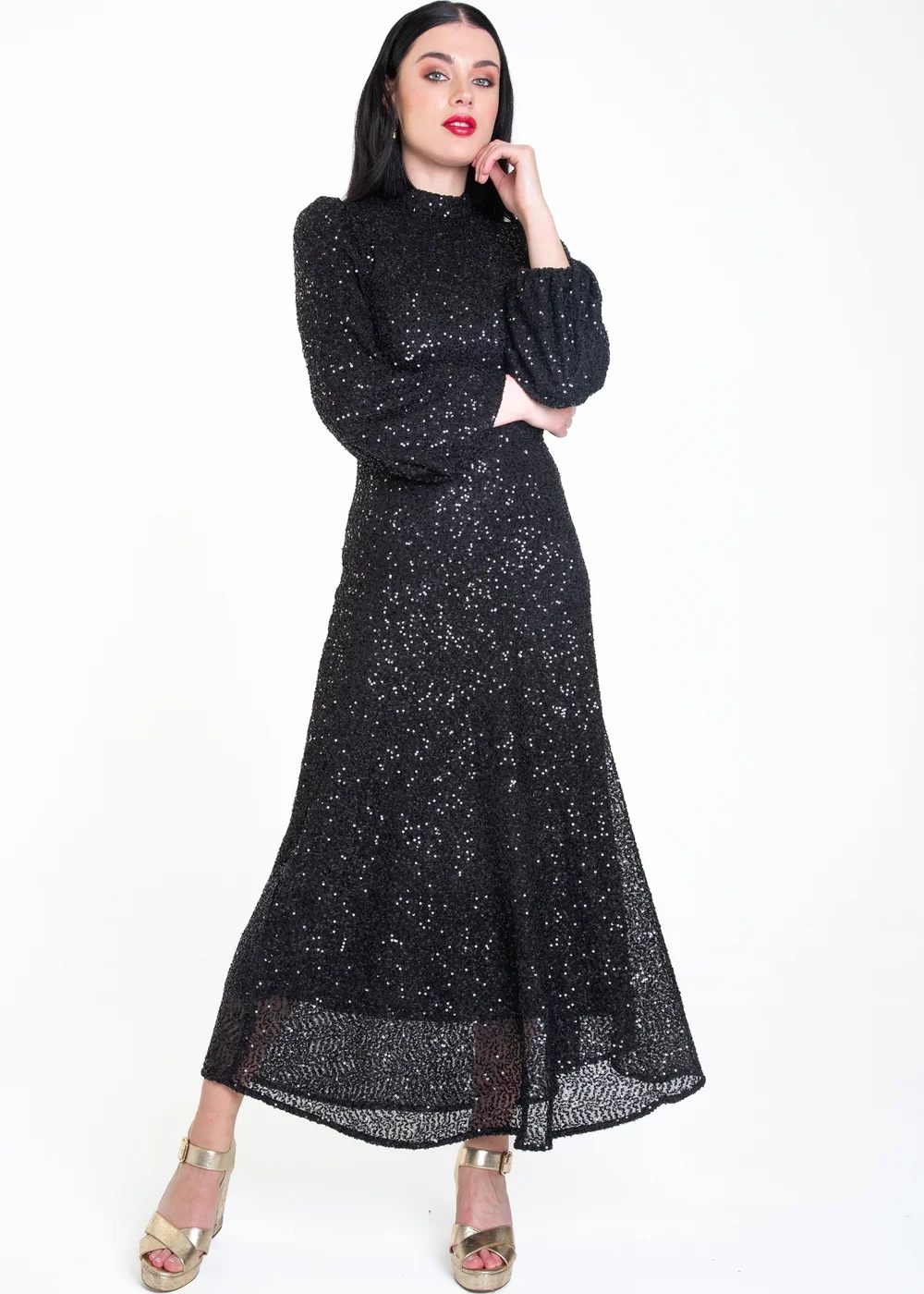 Gini London Black Sequin High Neck Occassion Midi Dress - Size 8 Image 4