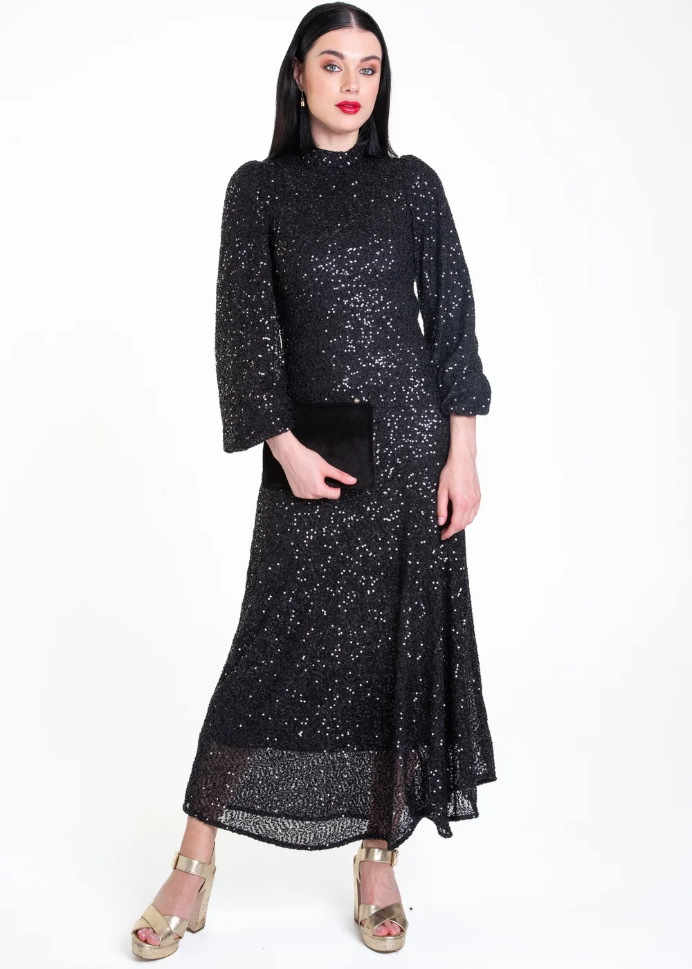 Gini London Black Sequin High Neck Occassion Midi Dress - Size 8 Image 1