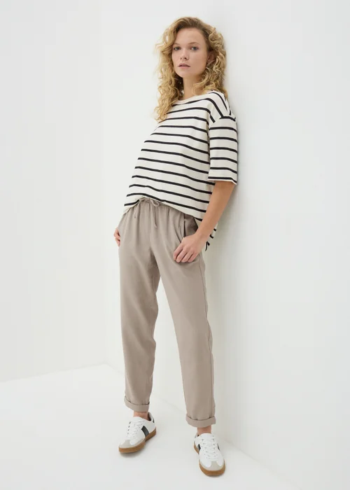 Taupe Linen Blend Tapered Trousers - 8 Image 1