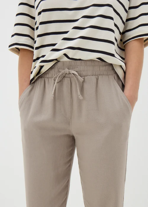Taupe Linen Blend Tapered Trousers - 8 Image 3