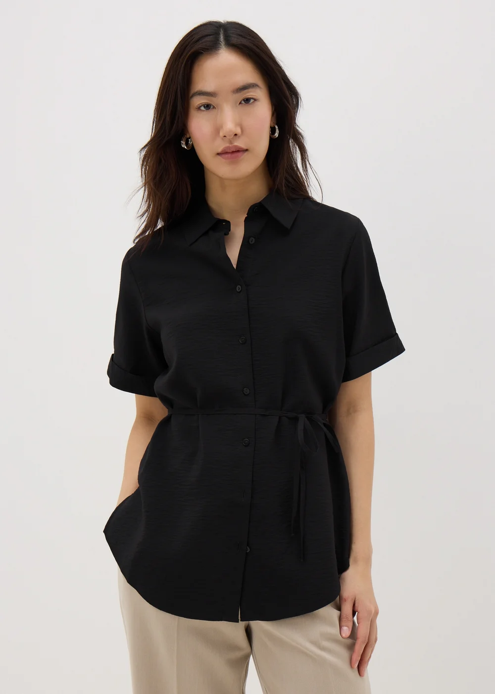 Black Tie Waist Longline Shirt - 8 Image 1