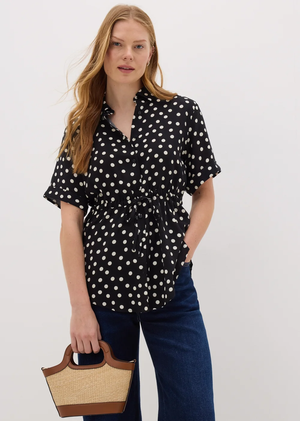 Black Spot Tie Waist Longline Shirt - 8 Image 1