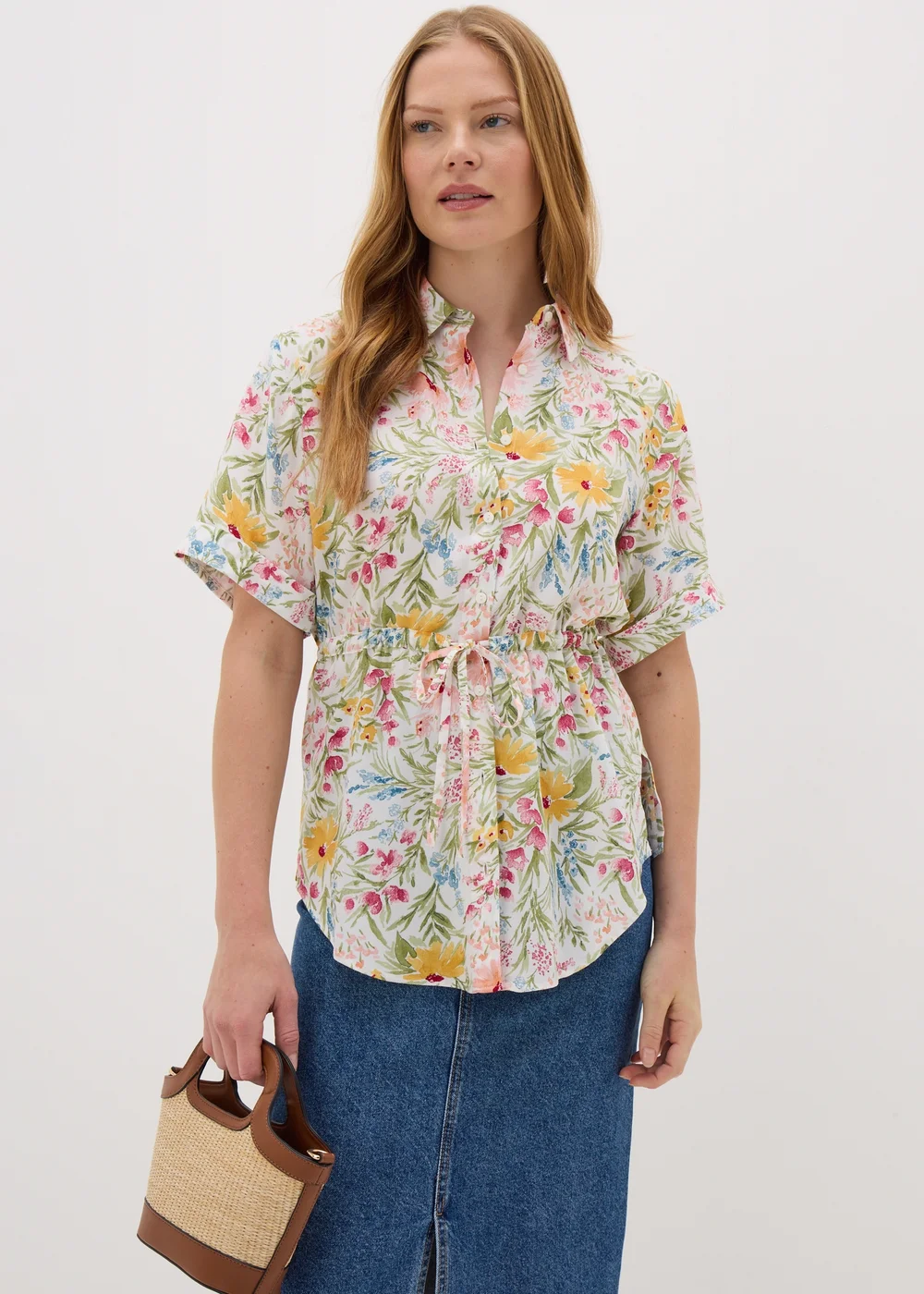 Cream Floral Tie Waist Longline Shirt - 8 Image 1