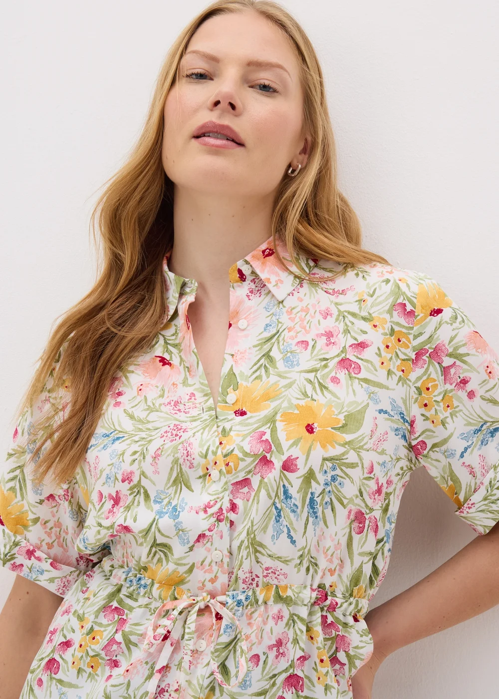 Cream Floral Tie Waist Longline Shirt - 8 Image 3