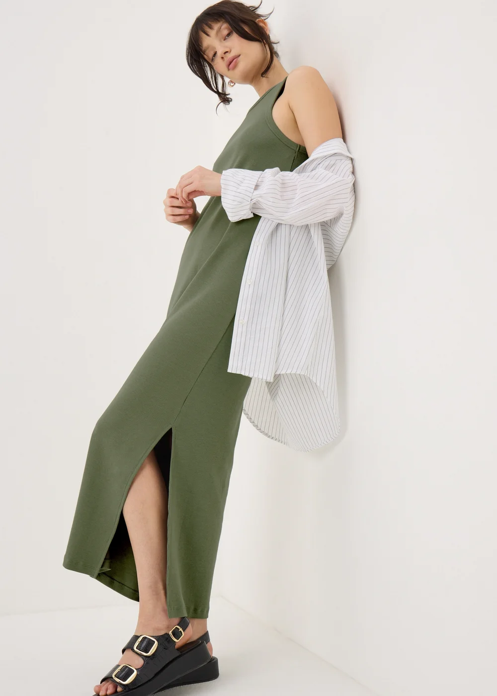 Khaki Racer Back Ribbed Midi Dress - 8 Image 1