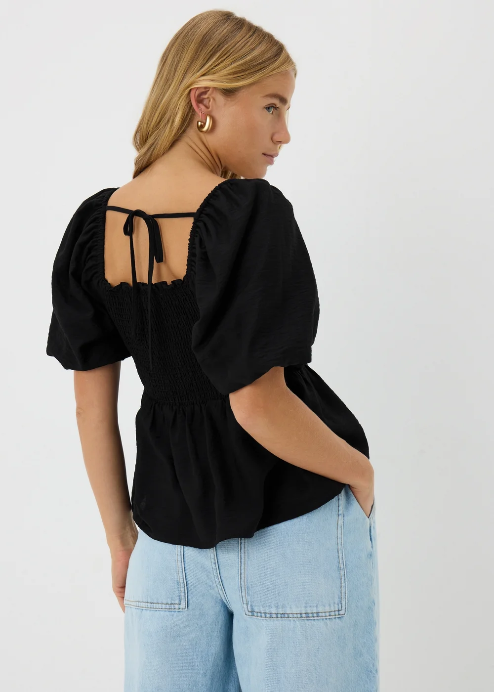 Black Shirred Tie Back Blouse - 8 Image 1