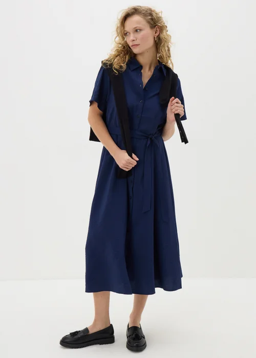 Navy Short Sleeve Midi Shirt Dress - 8 Image 1