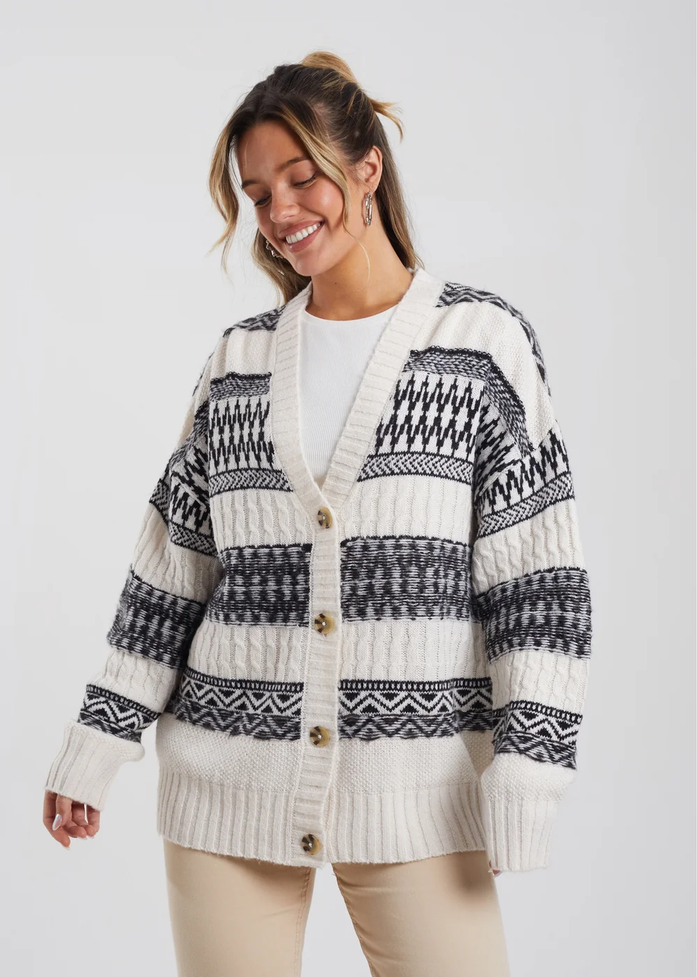 Brave Soul Stone Button Through Fairisle Stripe Cardigan - XS Image 1