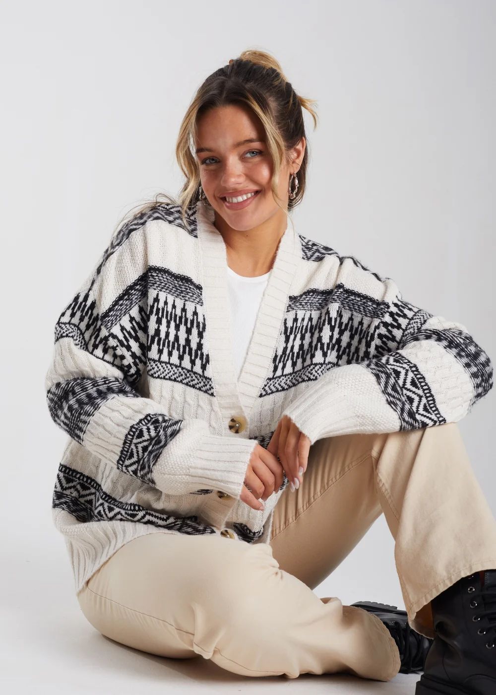Brave Soul Stone Button Through Fairisle Stripe Cardigan - XS Image 3