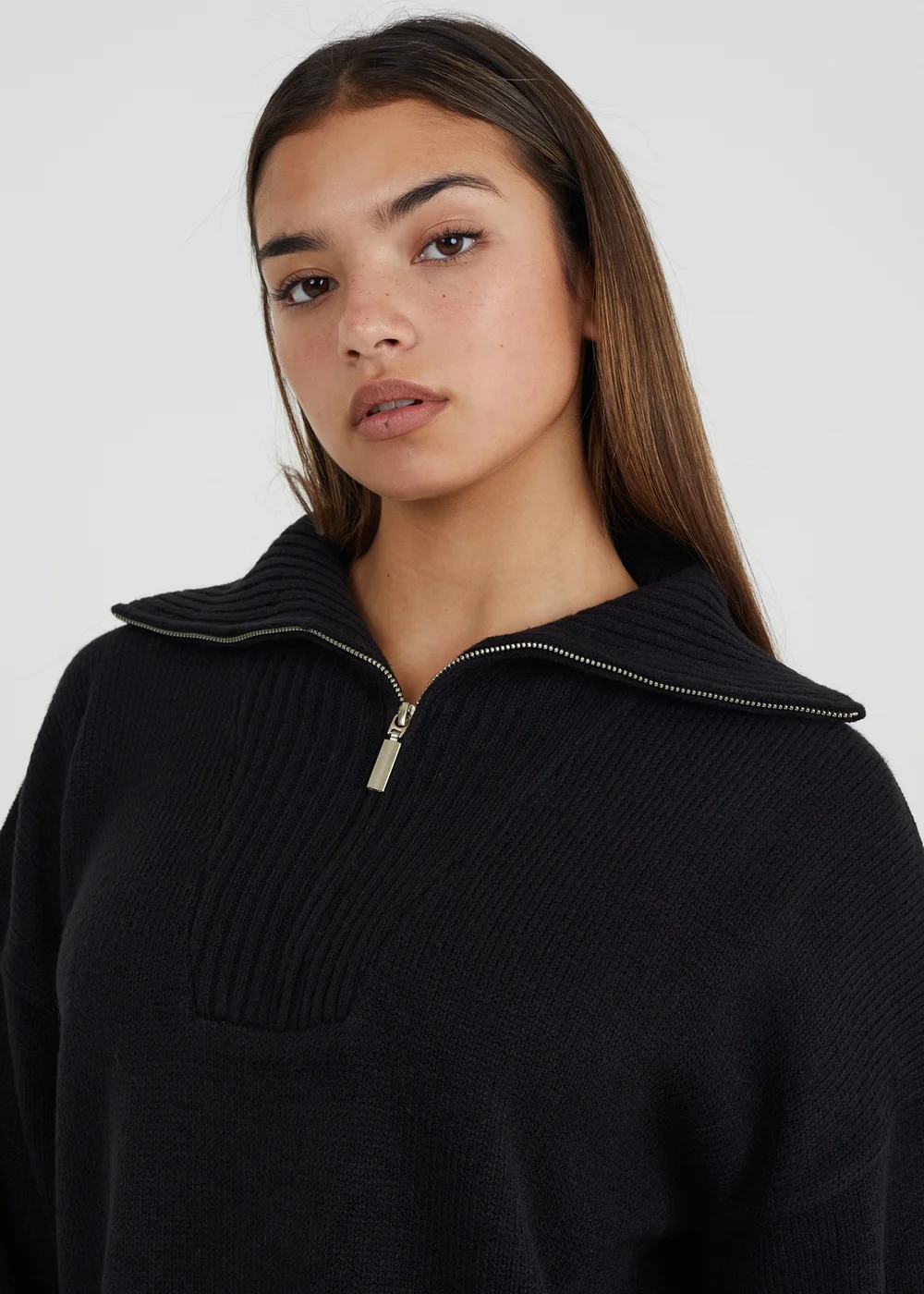 Brave Soul Black Oversized Zip Collar Knitted Jumper - XS Image 3