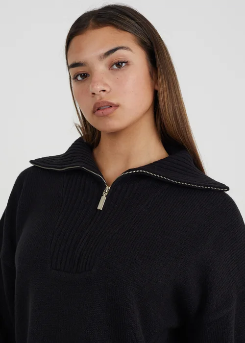 Brave Soul Black Oversized Zip Collar Knitted Jumper - XS Image 3