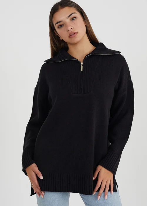 Brave Soul Black Oversized Zip Collar Knitted Jumper - XS Image 1