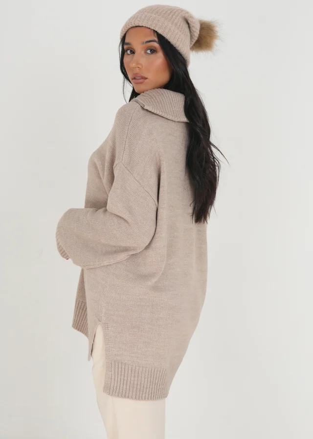 Brave Soul Stone Oversized 1/2 Zip Knitted Jumper