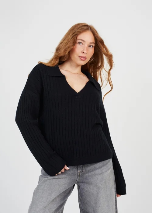 Brave Soul Black Ribbed Trophy Neck Knited Jumper - XL Image 1