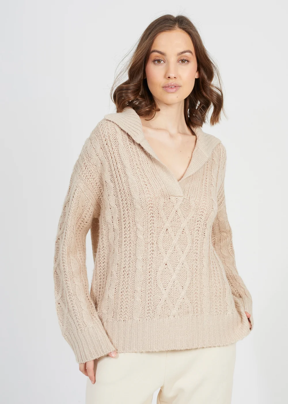 Brave Soul Stone V-Neck Cable Knit Jumper - XS Image 1