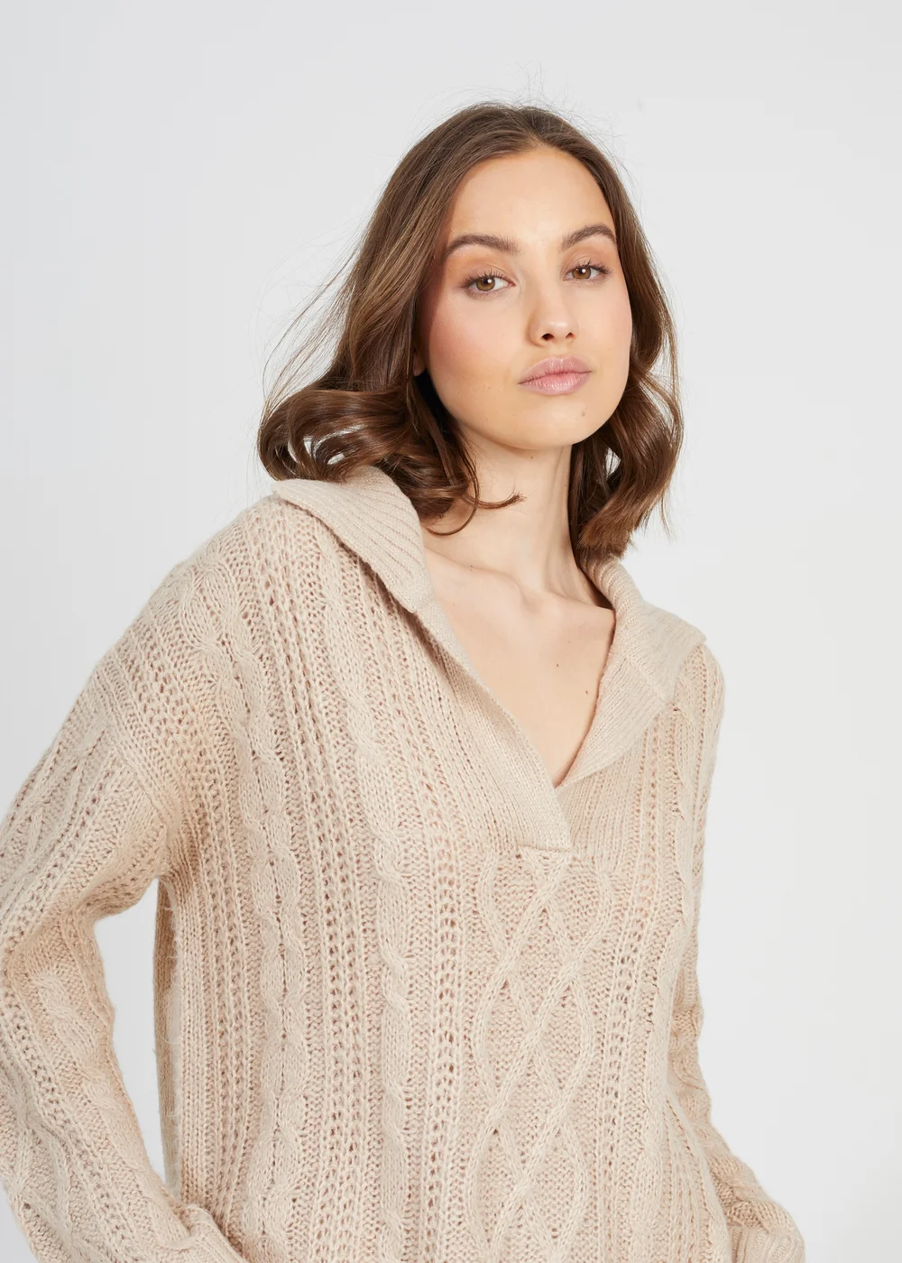 Brave Soul Stone V-Neck Cable Knit Jumper - XS Image 3