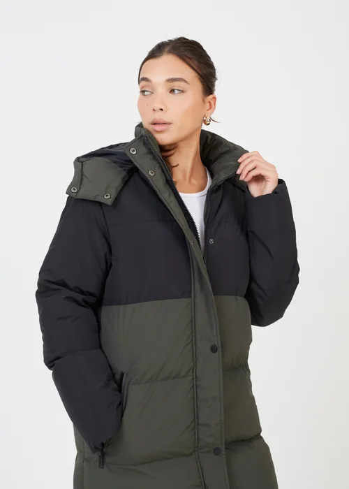 Brave Soul Khaki Colourblock Maxi Hooded Puffer Jacket - 12 Image 3