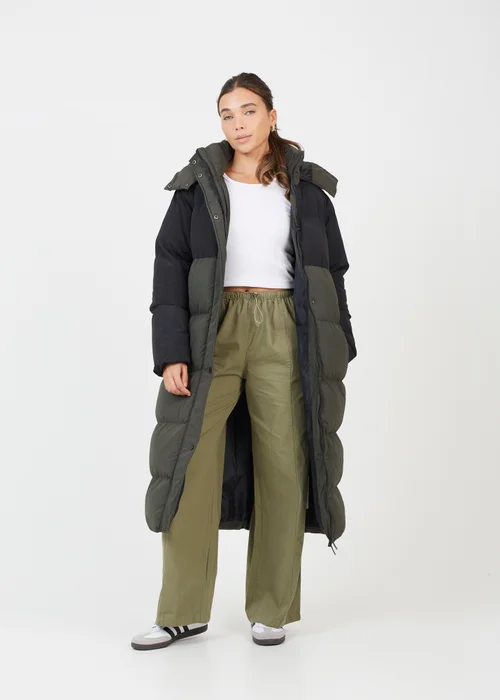 Brave Soul Khaki Colourblock Maxi Hooded Puffer Jacket - 12 Image 4