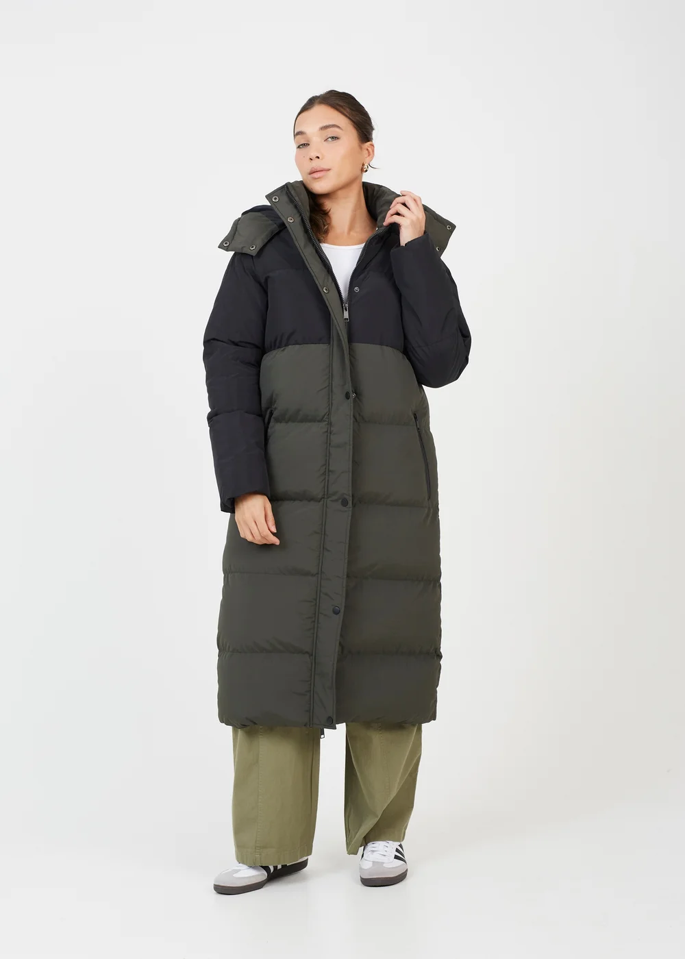 Brave Soul Khaki Colourblock Maxi Hooded Puffer Jacket - 12 Image 1