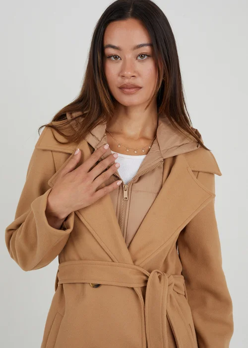 Brave Soul Camel Faux Wool Maxi Hooded Trench Coat - 8 Image 3