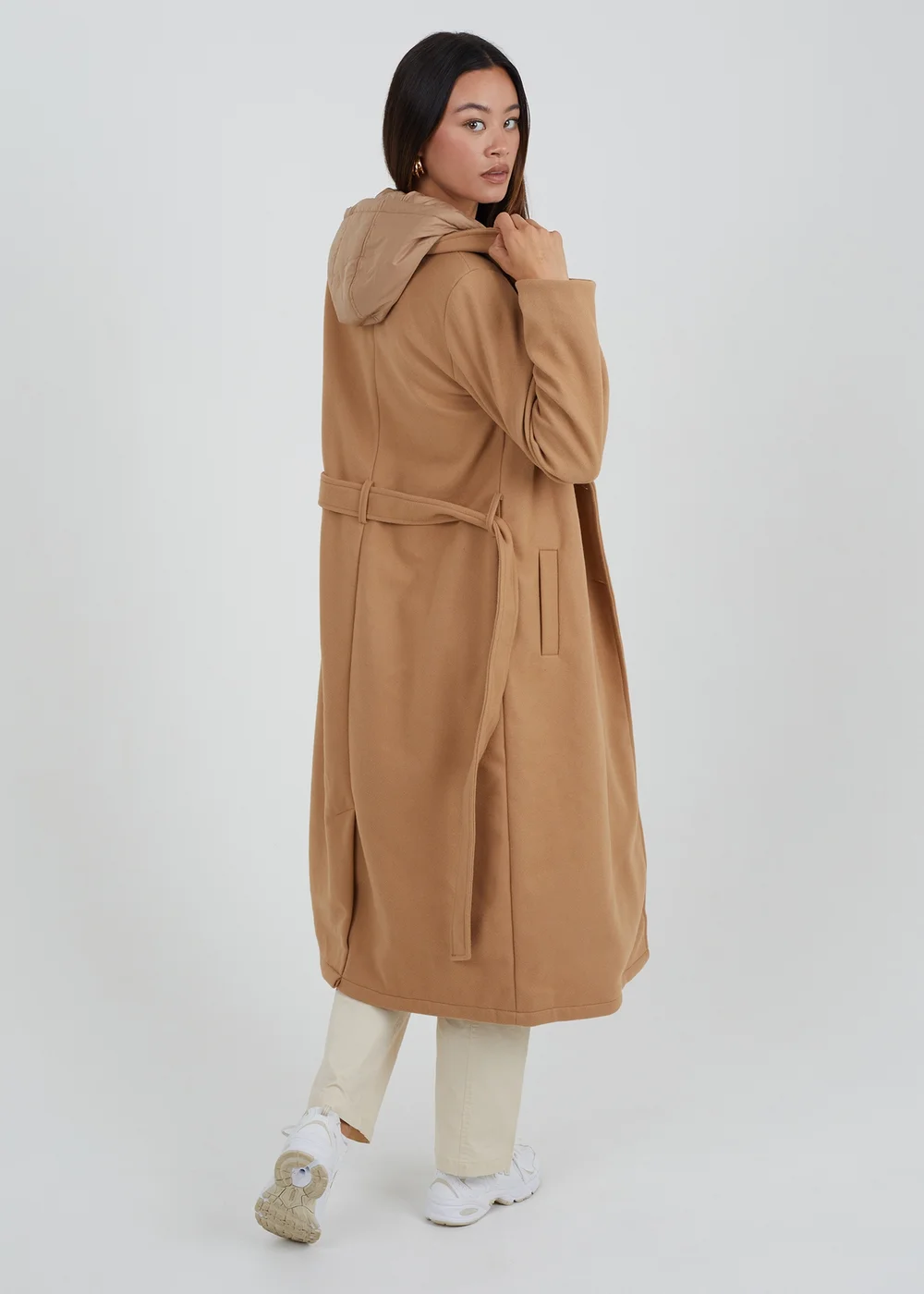 Brave Soul Camel Faux Wool Maxi Hooded Trench Coat - 8 Image 2