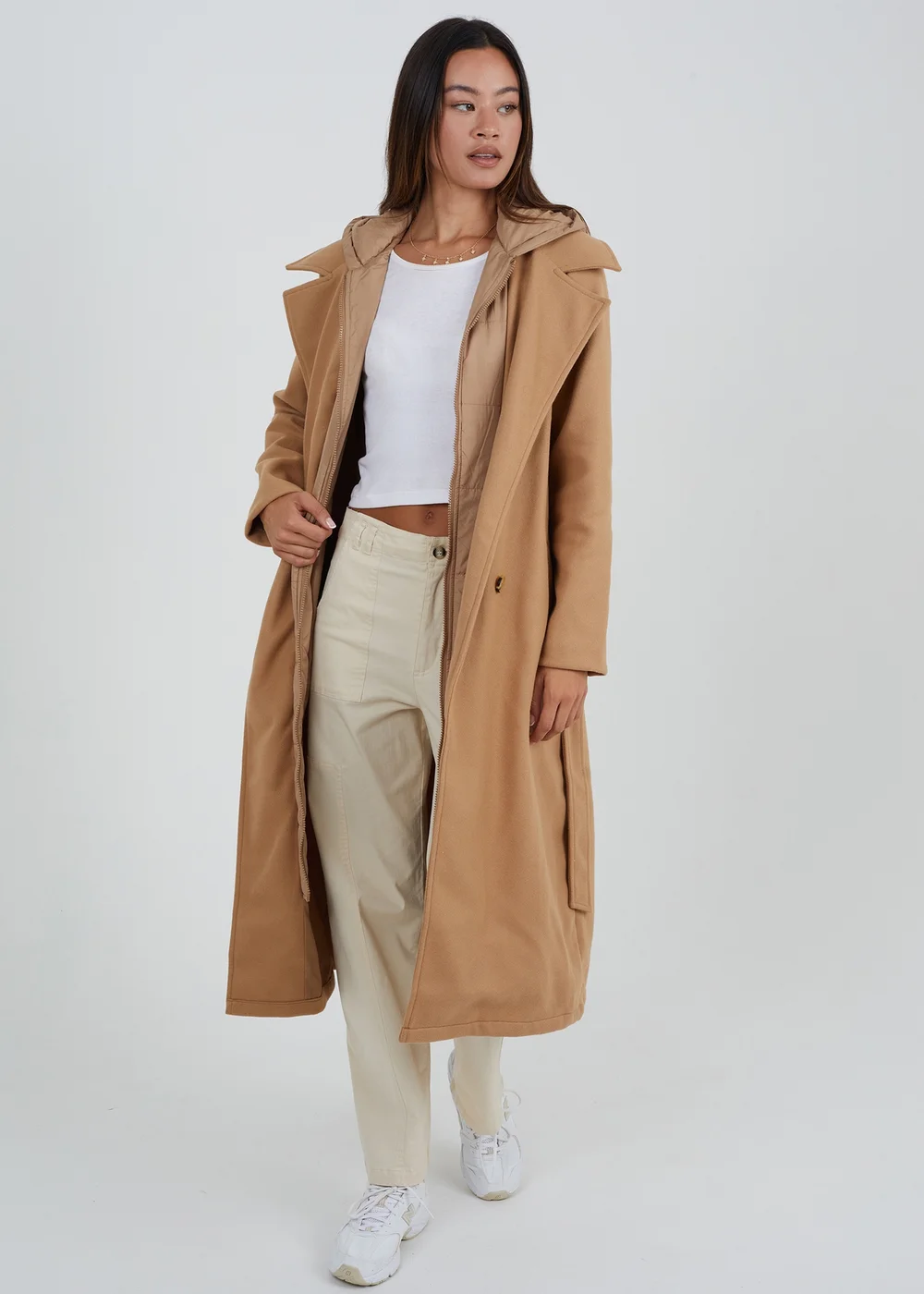 Brave Soul Camel Faux Wool Maxi Hooded Trench Coat - 8 Image 1