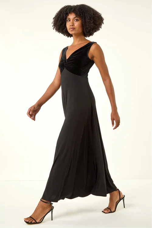 Roman Black Velvet Twist Front Maxi Stretch Dress - 22 Image 2