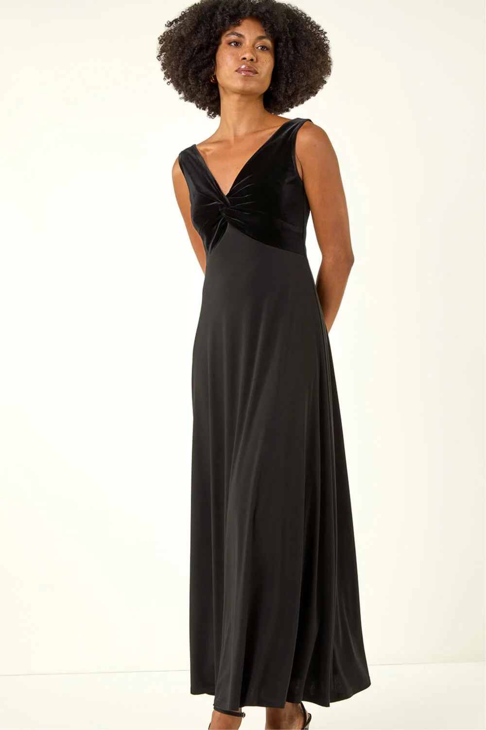Roman Black Velvet Twist Front Maxi Stretch Dress - 22 Image 3