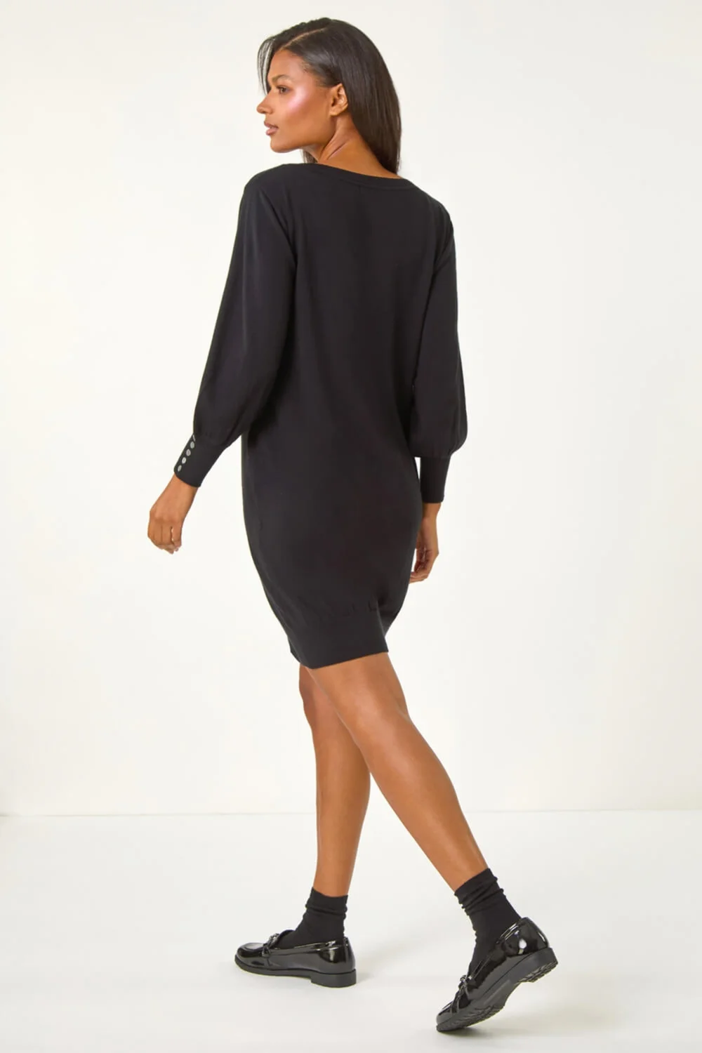 Roman Black Button Detail Slash Neck Knitted Stretch Dress - 14 Image 3