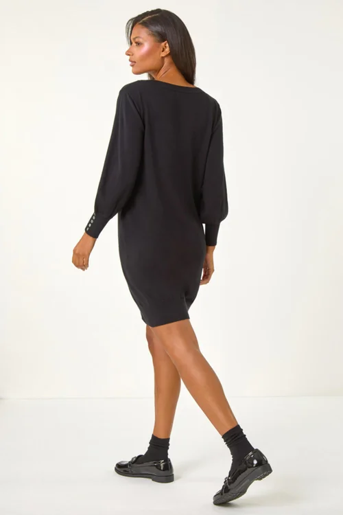 Roman Black Button Detail Slash Neck Knitted Stretch Dress - 14 Image 3
