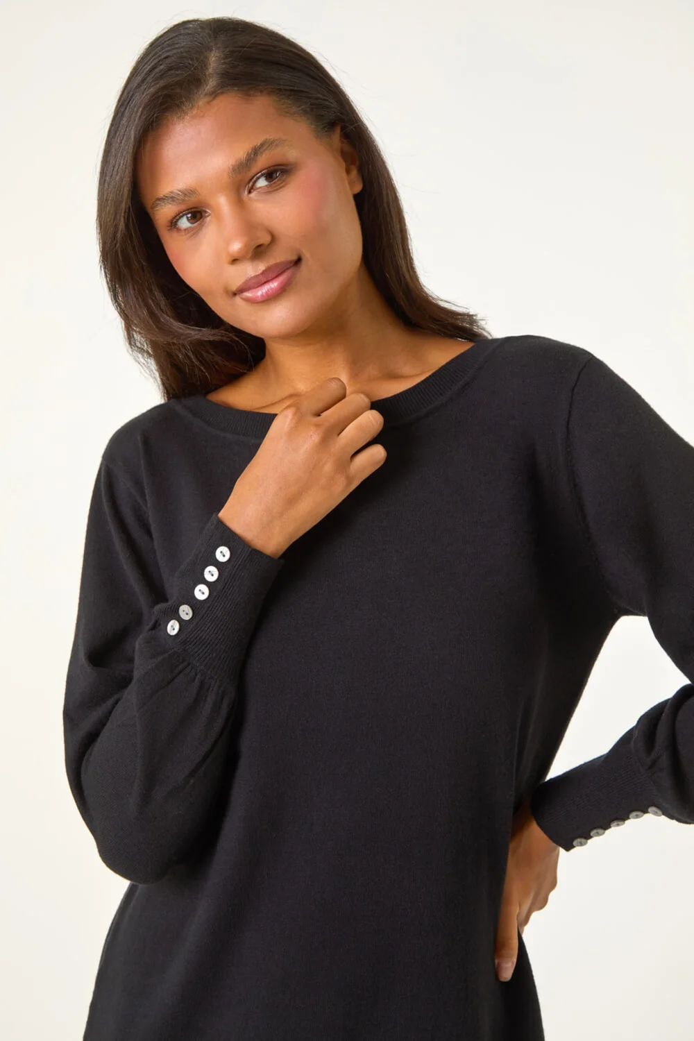 Roman Black Button Detail Slash Neck Knitted Stretch Dress - 14 Image 4