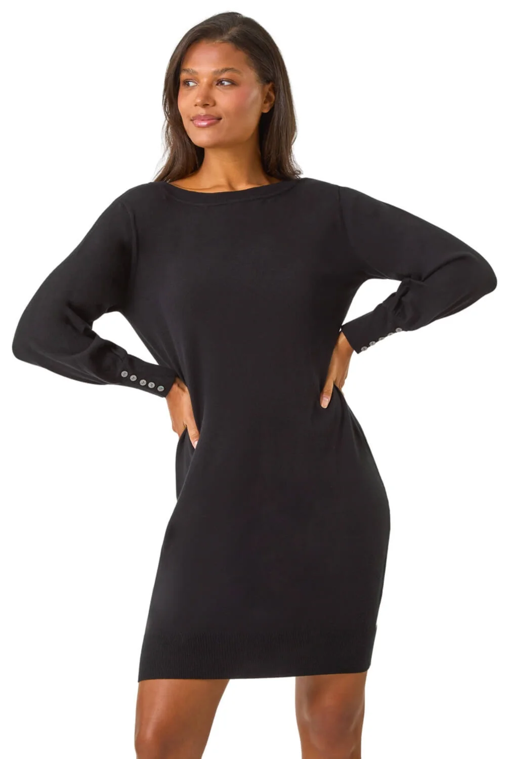 Roman Black Button Detail Slash Neck Knitted Stretch Dress - 14 Image 1